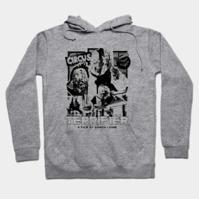 Gray hoodie featuring a horror film graphic print, cozy cotton blend, perfect for casual wear and movie fans.
