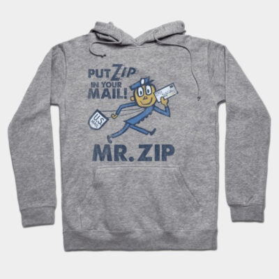 Gray hoodie with a vintage postal theme, featuring "Mr. Zip" graphic and text. Comfortable and stylish casual wear.