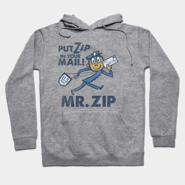 Gray hoodie with a vintage postal theme, featuring "Mr. Zip" graphic and text. Comfortable and stylish casual wear.