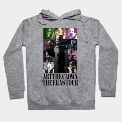 Gray hoodie featuring colorful clown collage design with text "Art the Clown The Eras Tour." Casual and comfortable style.