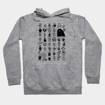 Gray hoodie with black graphic design, featuring various character silhouettes. Casual wear, cotton blend material.
