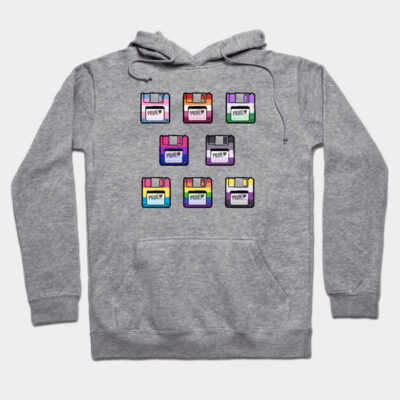 Gray hoodie with colorful retro floppy disk design, cotton material, casual style for everyday wear.