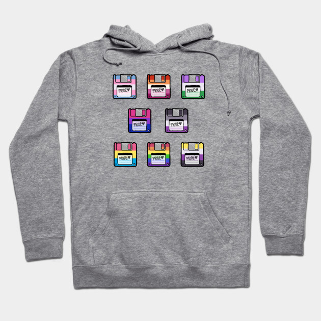 Gray hoodie with colorful retro floppy disk design, cotton material, casual style for everyday wear.