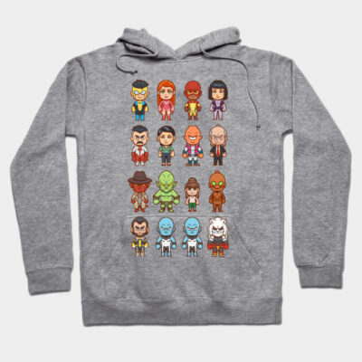 Gray hoodie with colorful cartoon characters, casual style, soft cotton blend, perfect for cool weather.