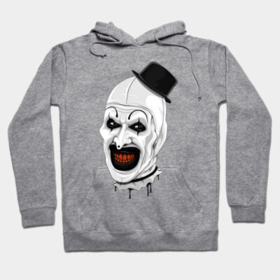 Gray hoodie with spooky clown graphic, featuring a black hat, ideal for casual wear, made of soft cotton blend.