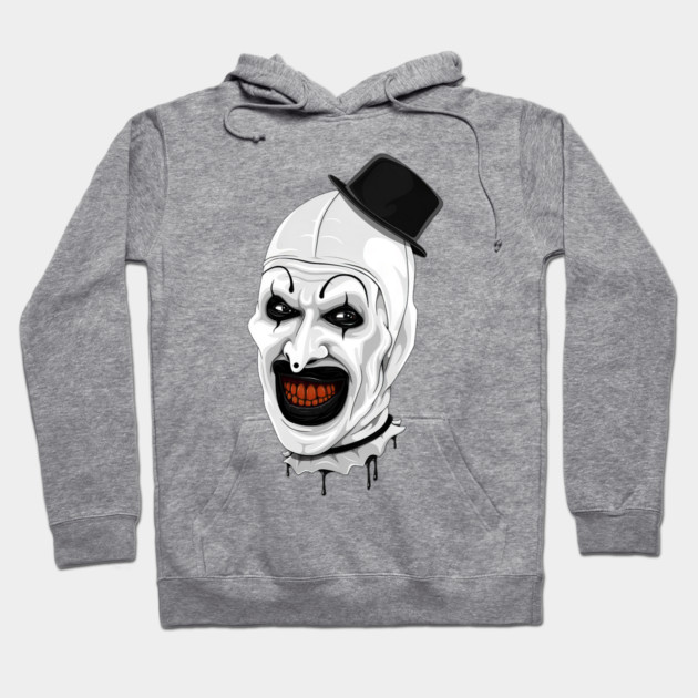 Gray hoodie with spooky clown graphic, featuring a black hat, ideal for casual wear, made of soft cotton blend.