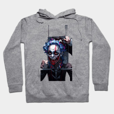 Gray hoodie with colorful clown graphic, pullover style, soft cotton material, perfect for casual wear and cozy comfort.
