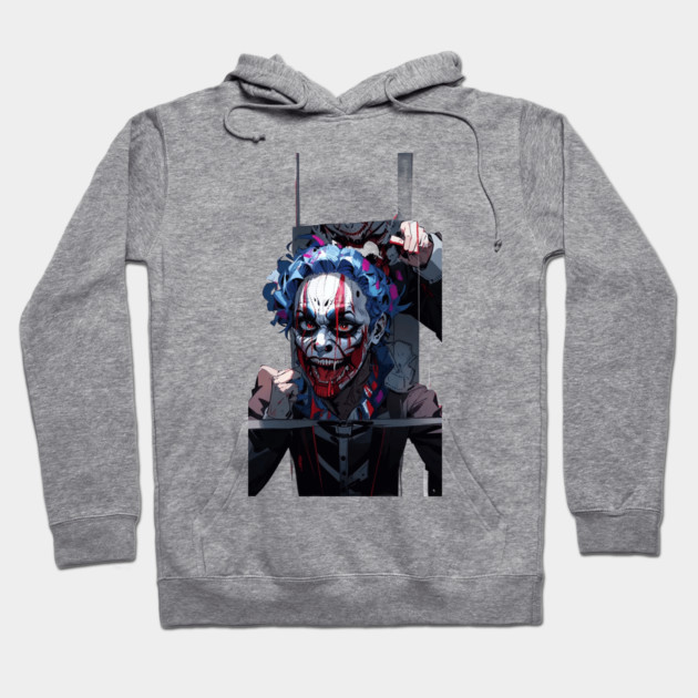 Gray hoodie with colorful clown graphic, pullover style, soft cotton material, perfect for casual wear and cozy comfort.