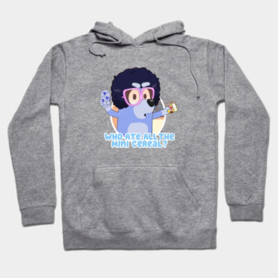 Gray hoodie with playful cartoon design, text "Who Ate All The Mini Cereal?" Comfortable casual wear.