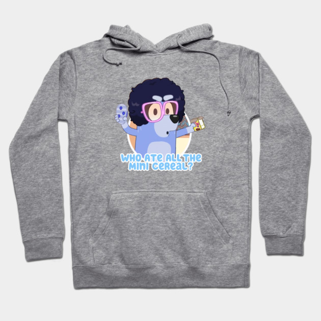 Gray hoodie with playful cartoon design, text "Who Ate All The Mini Cereal?" Comfortable casual wear.