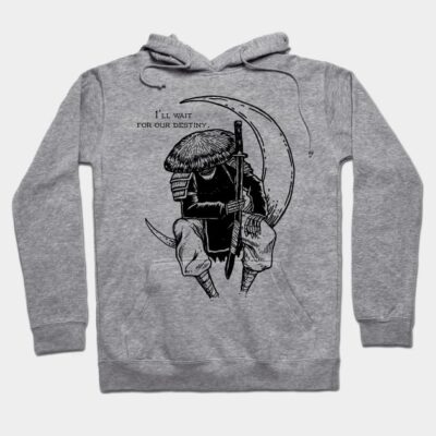 Gray hoodie with warrior design and "I'll wait for our destiny" text, perfect for casual wear, cotton blend material.