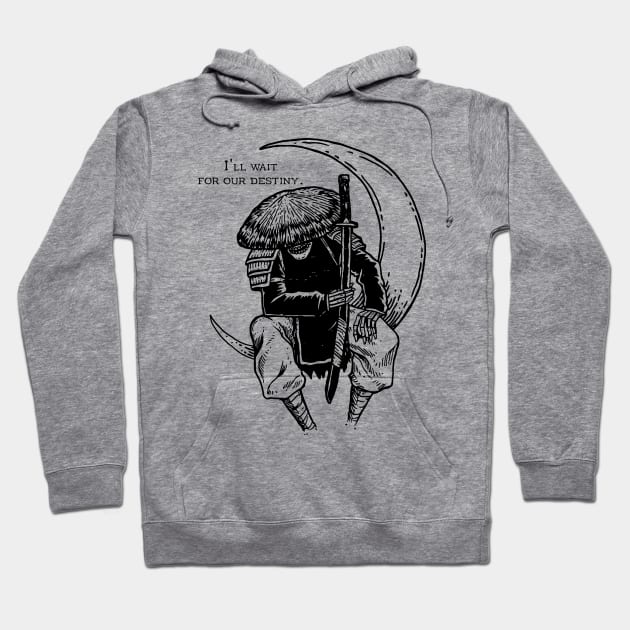 Gray hoodie with warrior design and "I'll wait for our destiny" text, perfect for casual wear, cotton blend material.