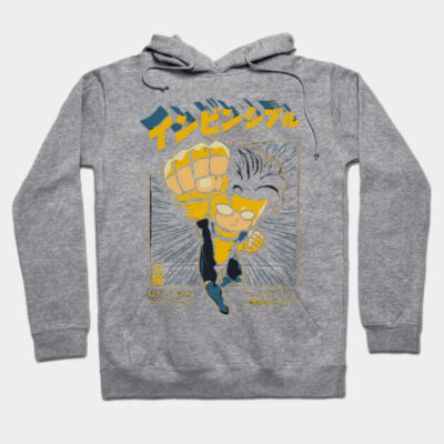 Gray hoodie with a comic-style superhero design, featuring bold yellow and blue graphics, perfect for casual wear.