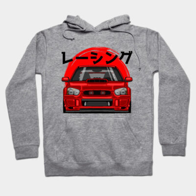 Gray hoodie with a red racing car graphic and Japanese text, ideal for casual wear. Made from soft cotton blend.
