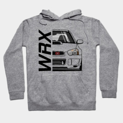Gray WRX hoodie with car graphic, comfortable cotton blend, casual style, perfect for car enthusiasts.