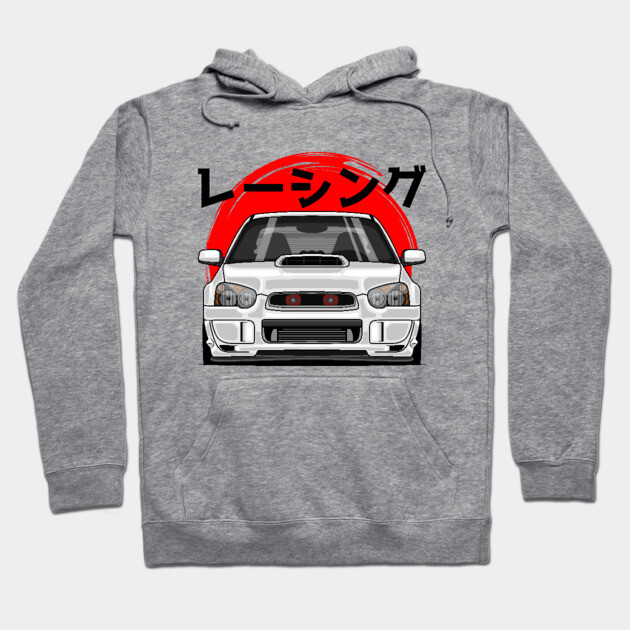 Gray racing-themed hoodie with car graphic and red sun, cotton material, ideal for casual wear.