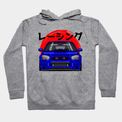 Gray hoodie with blue car graphic and Japanese text. Ideal for casual wear. Comfortable cotton blend material.