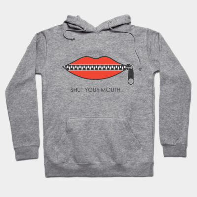 Gray hoodie with red lips zipper graphic and "Shut Your Mouth" text, casual cotton blend, unisex style.