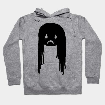 Gray hoodie with black abstract face design, casual style, soft cotton blend, ideal for everyday wear.