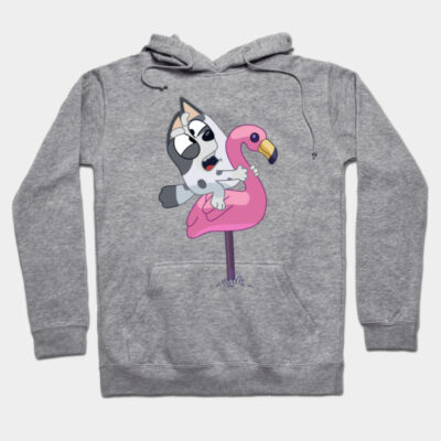 Gray hoodie with playful cartoon design featuring a dog on a pink flamingo. Casual, cozy, cotton blend.