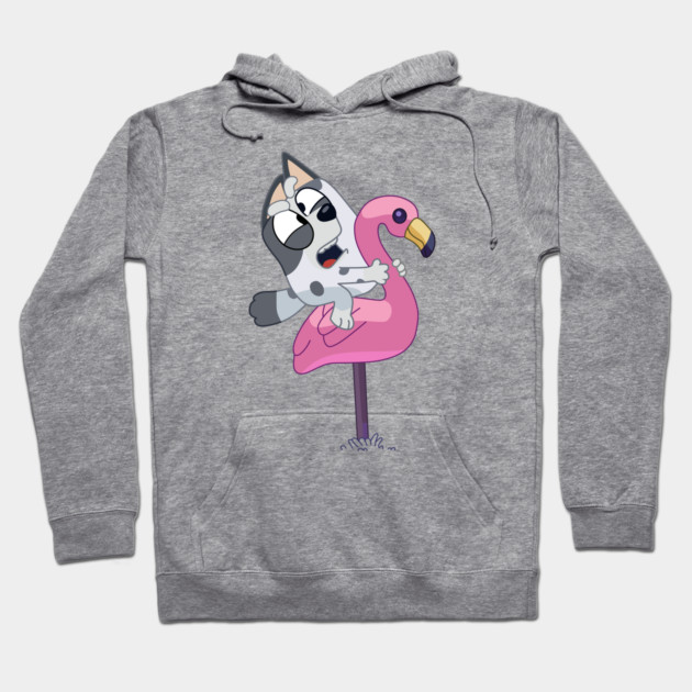 Gray hoodie with playful cartoon design featuring a dog on a pink flamingo. Casual, cozy, cotton blend.