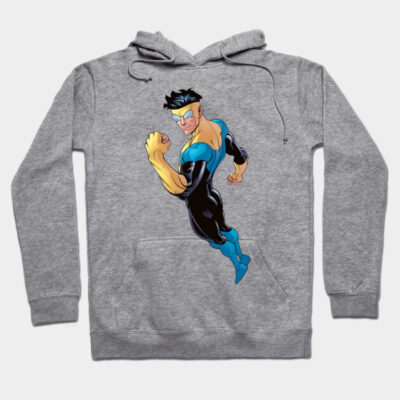 Gray hoodie with superhero graphic, featuring blue and black costume. Comfortable cotton blend, perfect for casual wear.