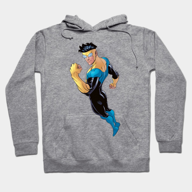 Gray hoodie with superhero graphic, featuring blue and black costume. Comfortable cotton blend, perfect for casual wear.