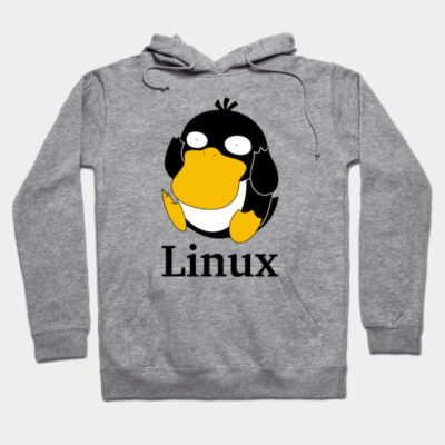 Gray hoodie with Linux penguin graphic, front pocket, and drawstring hood, ideal for casual wear.