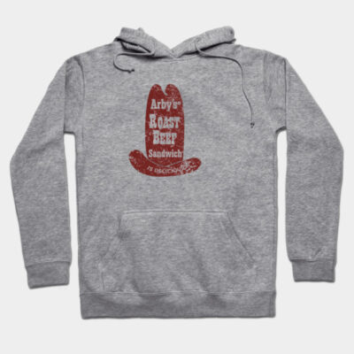 Gray hoodie with vintage red Arby's Roast Beef graphic, cozy cotton blend, casual wear for comfort and style.
