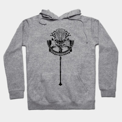 Gray cotton hoodie with intricate black graphic design, featuring a front pocket and drawstring hood, casual wear.