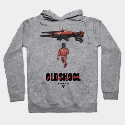 Gray hoodie with retro graphic design, featuring red and black colors, perfect for casual wear and comfort.