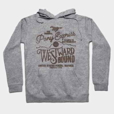 Gray hoodie with vintage brown "Westward Bound" print, featuring kangaroo pocket and drawstring hood. Cozy and stylish.