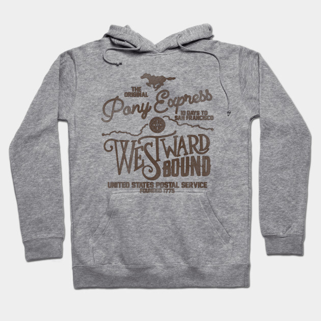 Gray hoodie with vintage brown "Westward Bound" print, featuring kangaroo pocket and drawstring hood. Cozy and stylish.