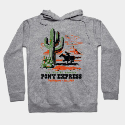 Gray hoodie with Pony Express graphic print, featuring a desert scene with cacti and rider, made from soft cotton blend.