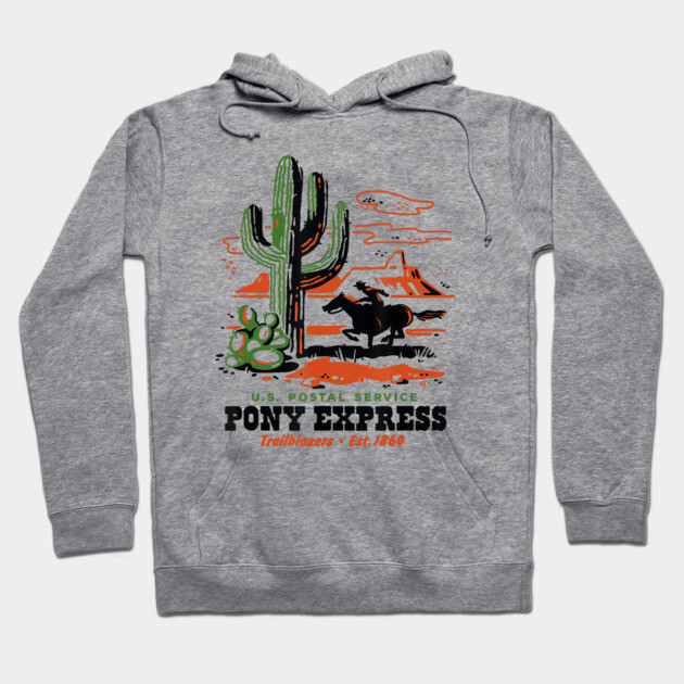 Gray hoodie with Pony Express graphic print, featuring a desert scene with cacti and rider, made from soft cotton blend.