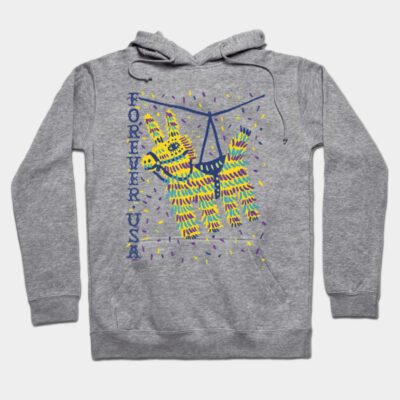 Gray hoodie with colorful pinata graphic and "Forever USA" text, casual style, cozy cotton blend material.