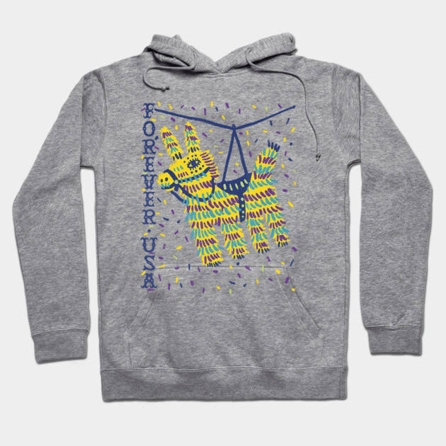 Gray hoodie with colorful pinata graphic and "Forever USA" text, casual style, cozy cotton blend material.