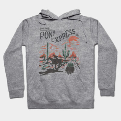 Gray hoodie with Pony Express desert graphic, soft cotton blend, casual wear, perfect for outdoor adventures.