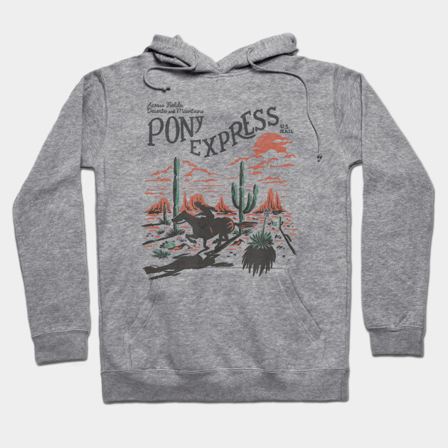 Gray hoodie with Pony Express desert graphic, soft cotton blend, casual wear, perfect for outdoor adventures.