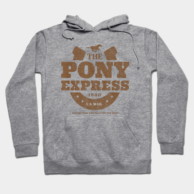 Gray Pony Express hoodie with vintage print, cozy cotton blend, ideal for casual wear and warmth.