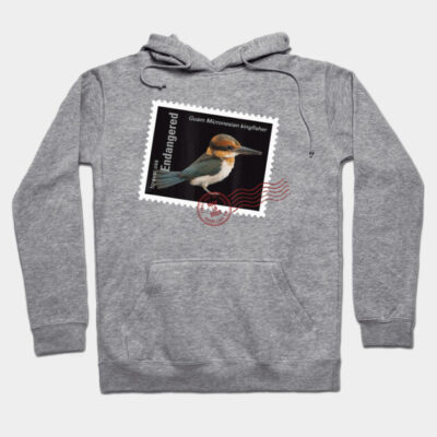 Gray hoodie with Guam Micronesian kingfisher stamp design, casual style, soft fabric, comfortable for daily wear.
