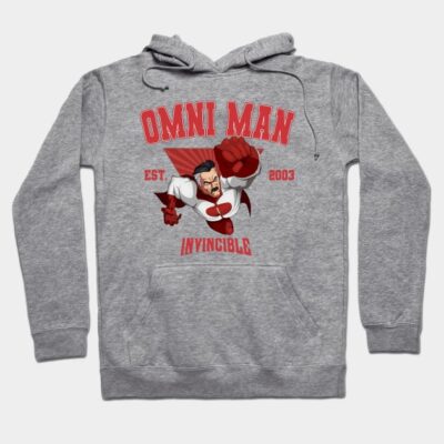 Gray hoodie with red superhero graphic and text, featuring front pocket and drawstring hood, made from soft cotton blend.