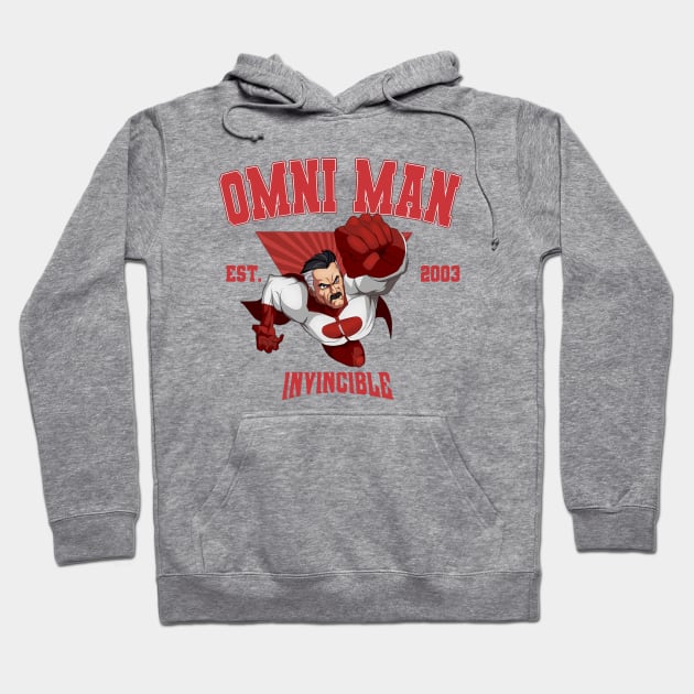 Gray hoodie with red superhero graphic and text, featuring front pocket and drawstring hood, made from soft cotton blend.