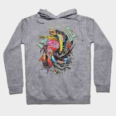 Gray hoodie with vibrant abstract graphic design, featuring long sleeves and adjustable drawstring, perfect for casual wear.