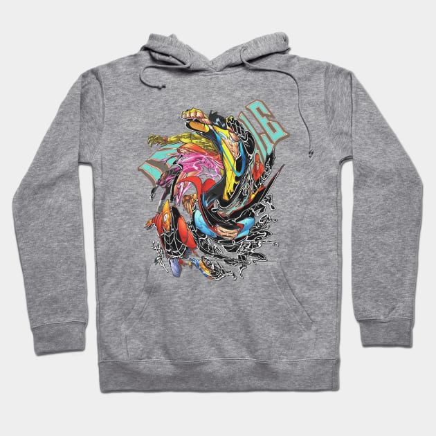 Gray hoodie with vibrant abstract graphic design, featuring long sleeves and adjustable drawstring, perfect for casual wear.