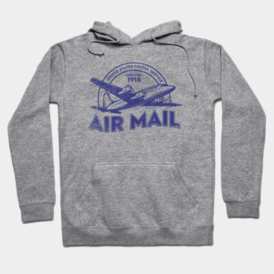 Gray hoodie with vintage airmail graphic, featuring cozy cotton blend, ideal for casual wear and cool weather.