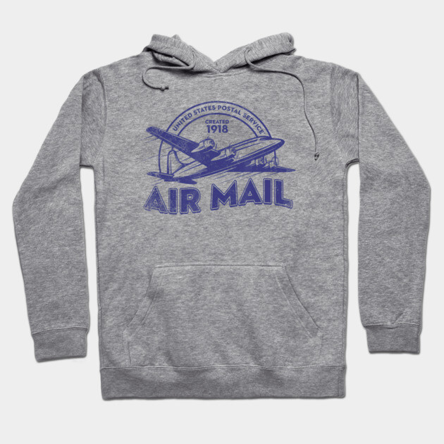 Gray hoodie with vintage airmail graphic, featuring cozy cotton blend, ideal for casual wear and cool weather.