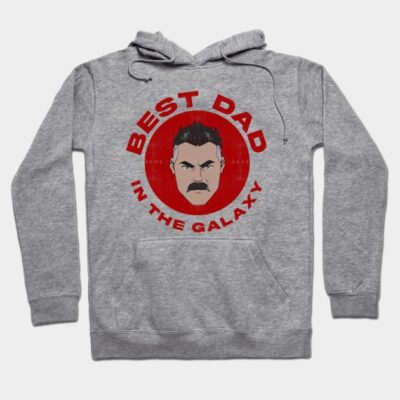 Gray "Best Dad in the Galaxy" hoodie with red graphic, featuring a bold design, perfect for casual wear.