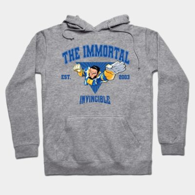 Gray hoodie with blue "The Immortal Invincible" superhero graphic, featuring front pocket and adjustable drawstrings.
