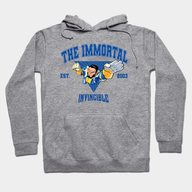 Gray hoodie with blue "The Immortal Invincible" superhero graphic, featuring front pocket and adjustable drawstrings.